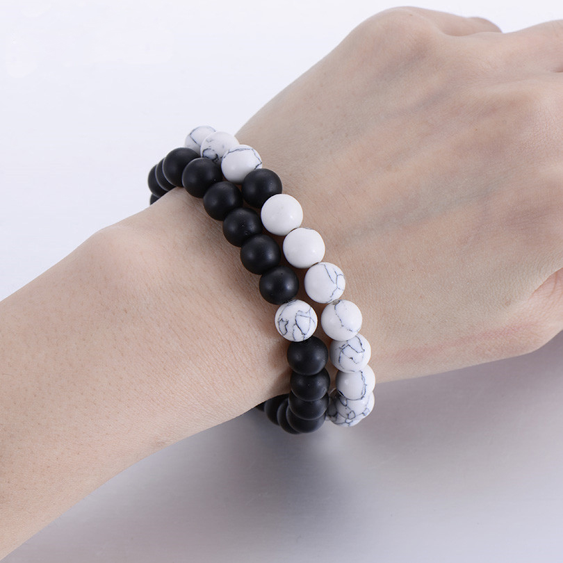 Classic Natural Stone Yin Yang Beaded Bracelets, 2Pcs/Set