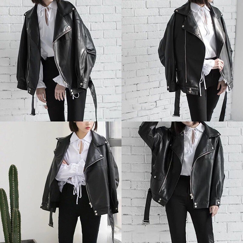 Women's Black PU Leather Loose Jacket