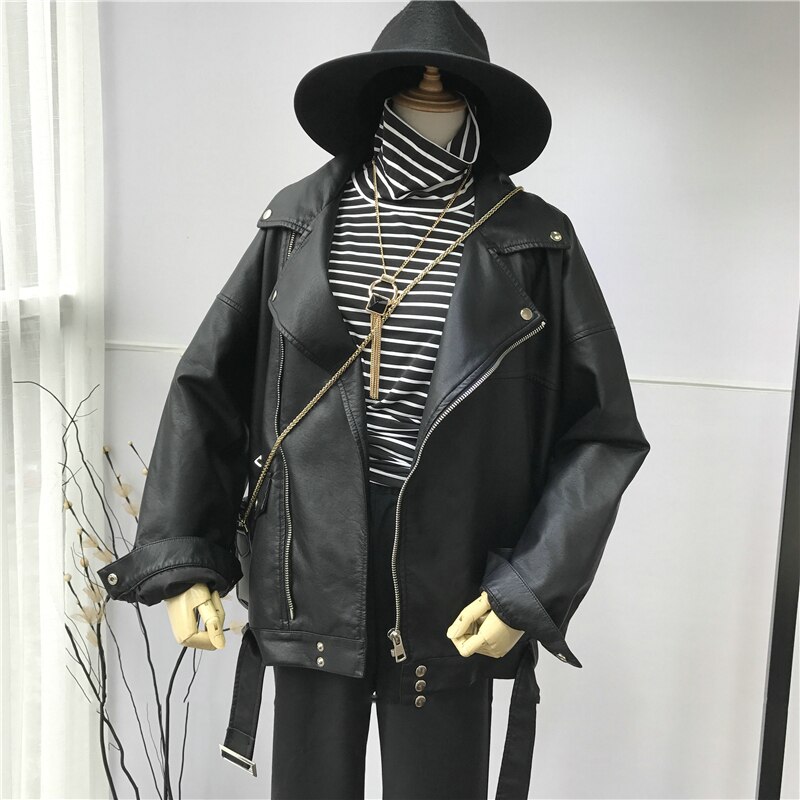 Women's Black PU Leather Loose Jacket