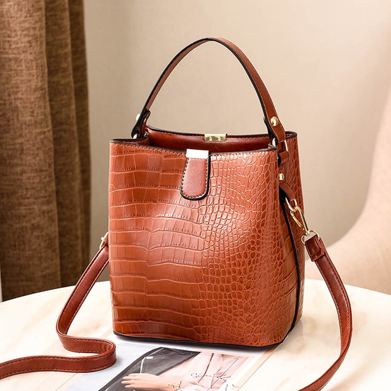 Women's Compact Alligator Skin Style Bucket Bag