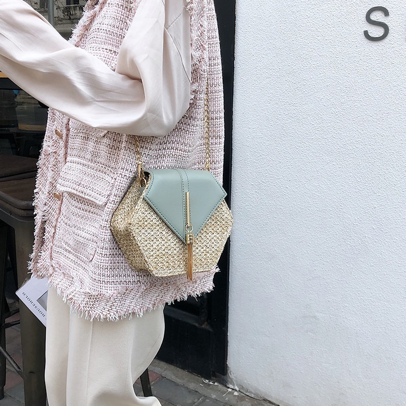 Women's Hexagon Shaped Straw Bag
